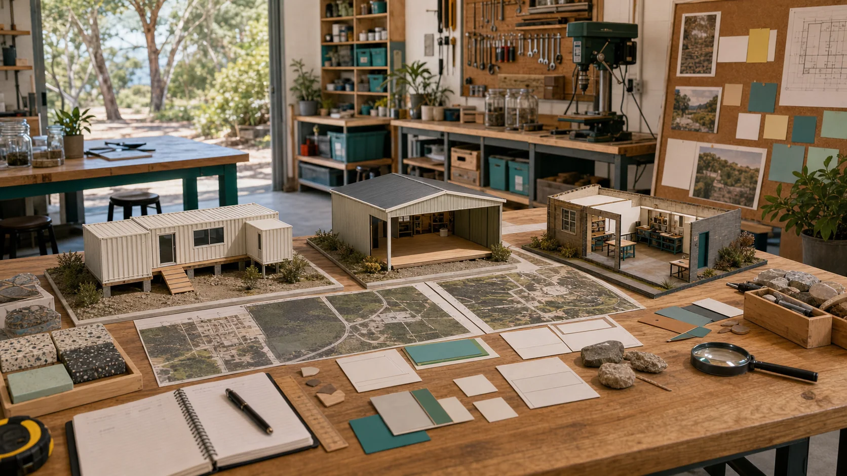 A workshop planning table comparing a raised shipping container shed, a purpose-built workshop and an existing-space maker-room option.