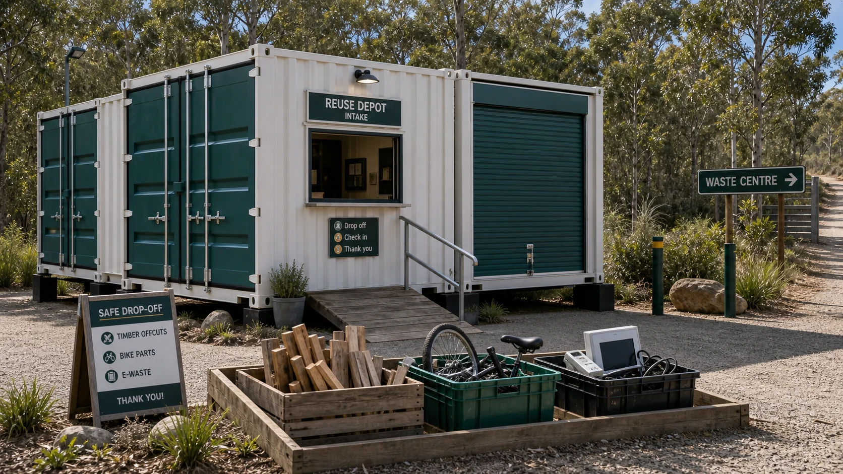 A secure reuse depot made from lockable shipping containers on raised footings near bushland waste-centre access.