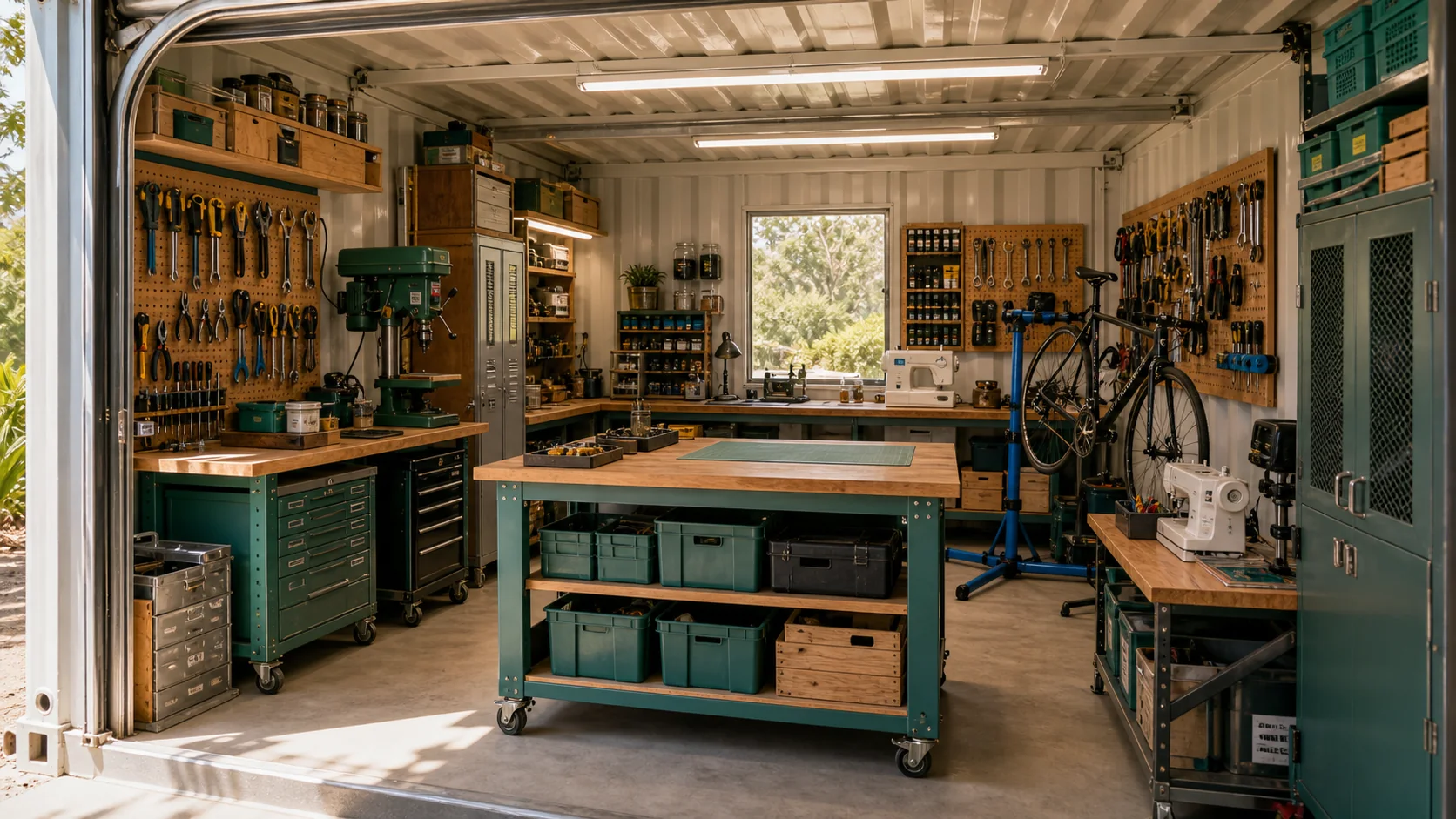 Inside a secure shipping-container workshop with organised tool walls, benches, digital fabrication gear and lockable storage.