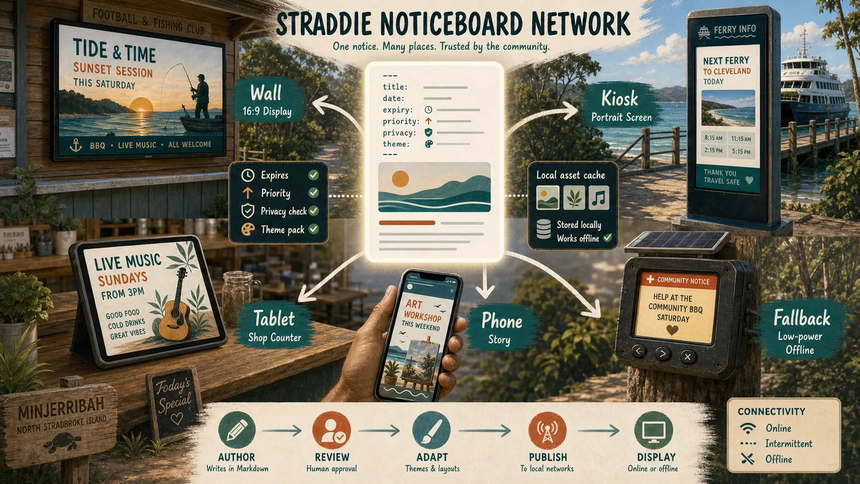 Illustrated Straddie Noticeboard Network diagram showing one markdown notice adapted to wall screens, kiosks, tablets, phones and offline fallback devices.
