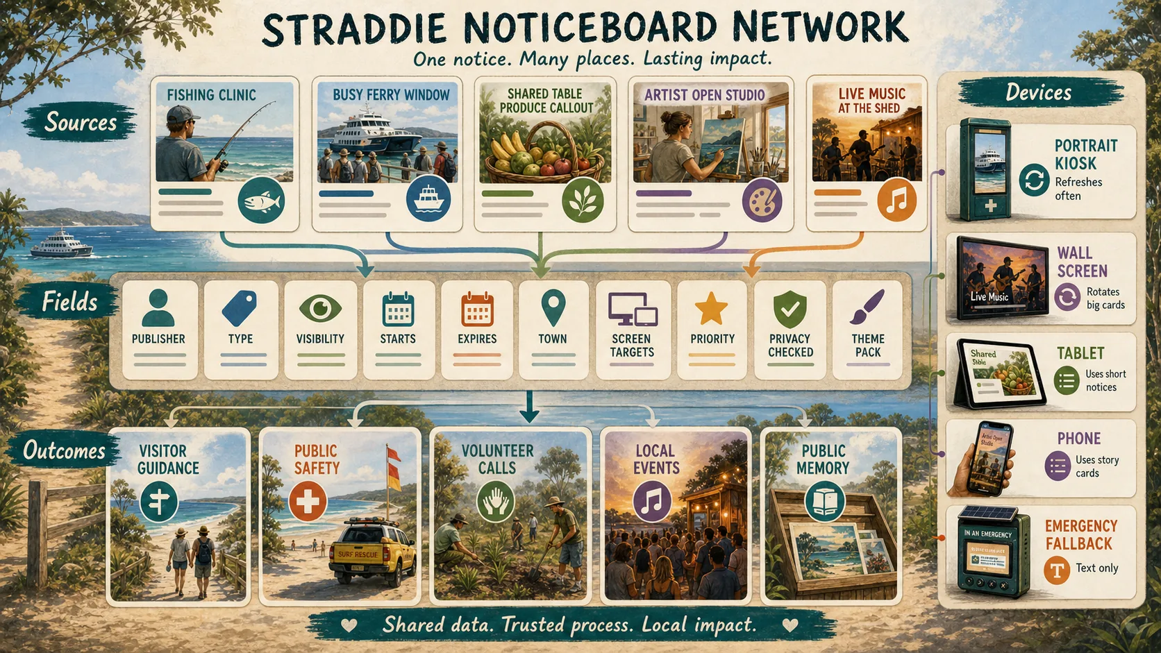 Illustrated Straddie Noticeboard Network map showing sources, markdown fields, devices and public outcomes.