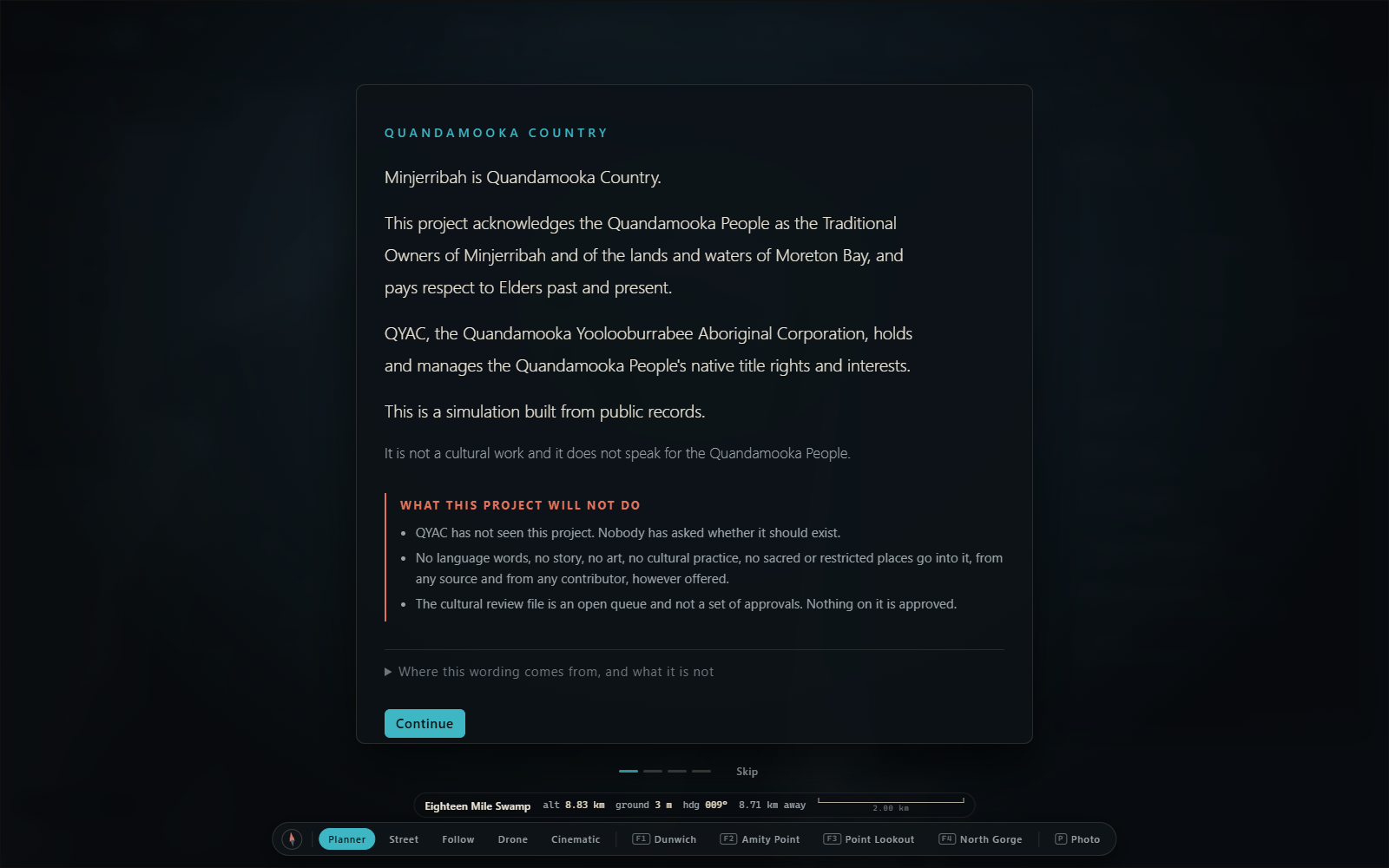 Opening screen of the first build, over the dark island.