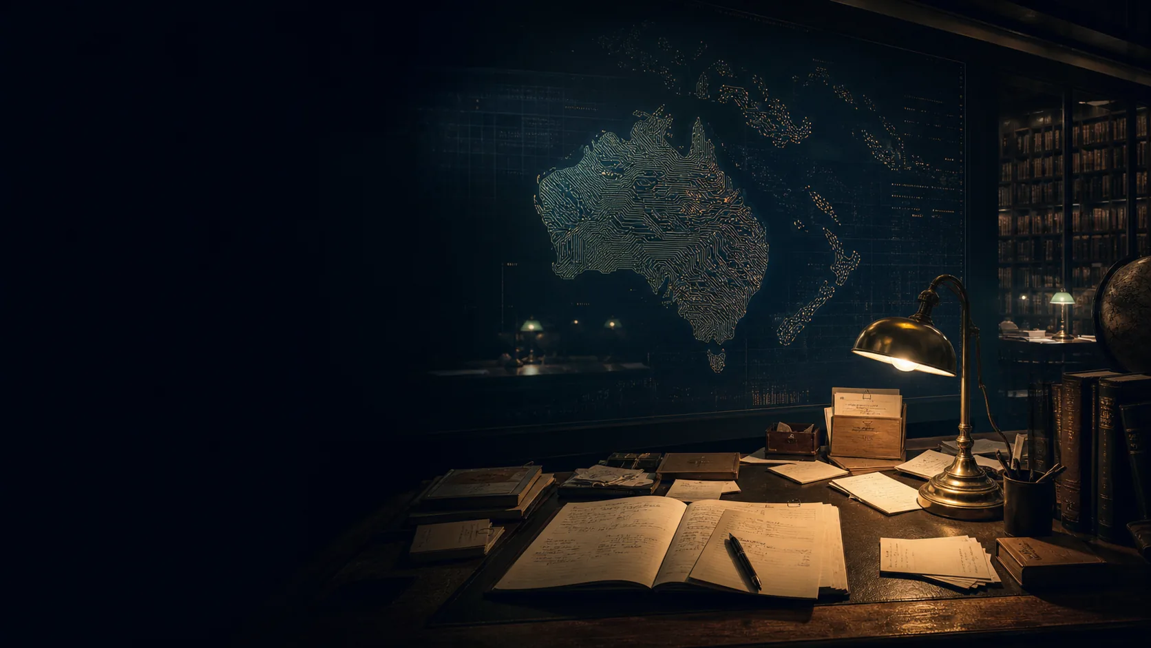 A dark public library research desk with an Australia and Pacific map made from circuit traces