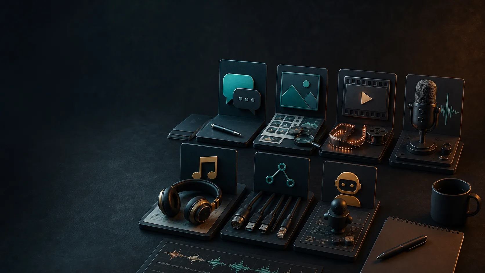 A dark desk with AI stations for chat, image, video, voice, music, connectors and agents