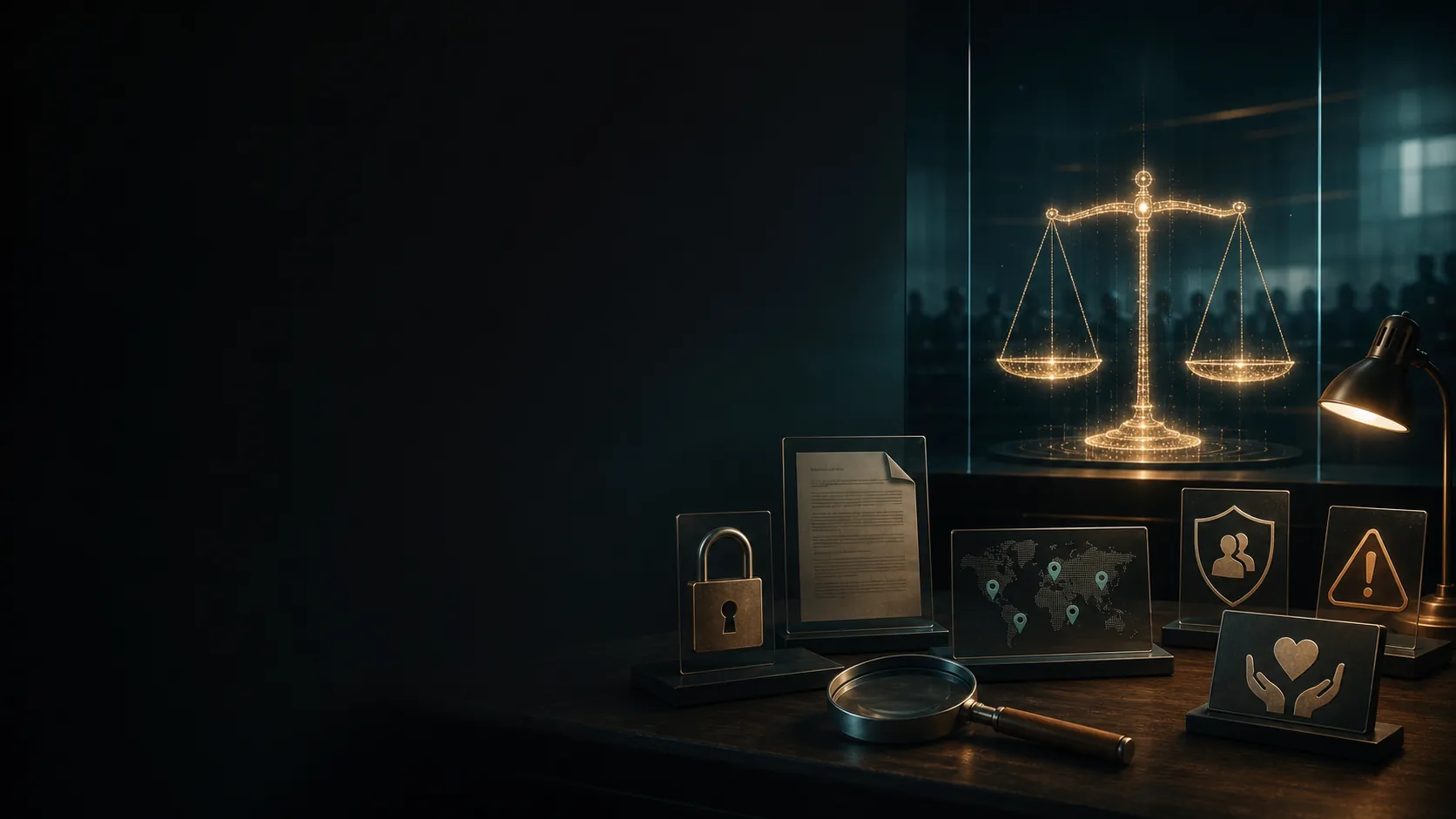 A dark evidence bench with locks, terms, country pins and a light balance