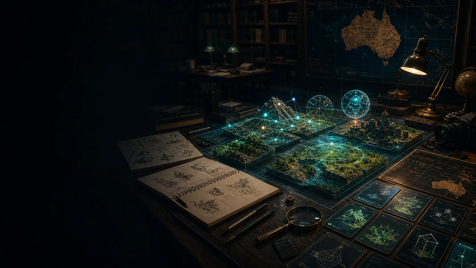 A dark research desk where sketches turn into small glowing interactive 3D worlds