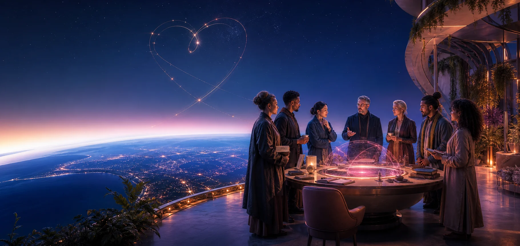 Adult writers and explorers around an open circular table above a luminous night-time Earth, with a heart-shaped constellation overhead.