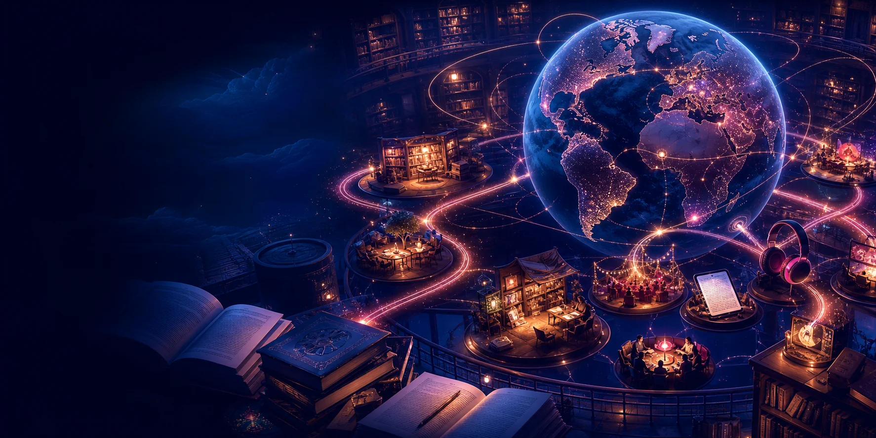Books, listening devices and warm reader spaces orbiting a luminous world in a midnight library.