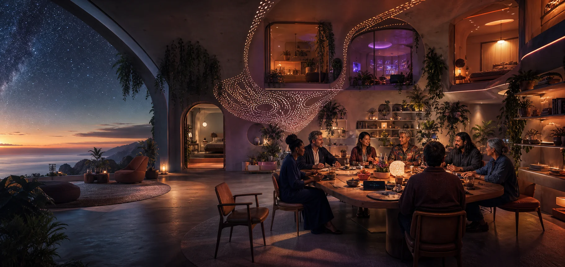 A diverse group of adults sharing a generous table in a biophilic future home with private rooms, an open doorway and one empty chair.