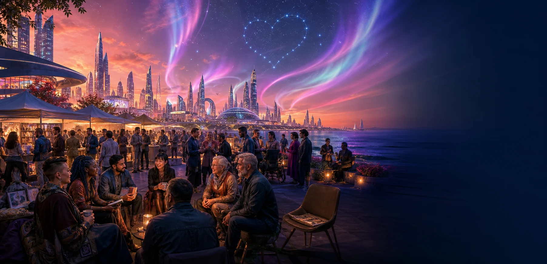 A diverse group of adult readers and writers meeting at a near-future coastal book festival beneath an aurora and heart constellation.