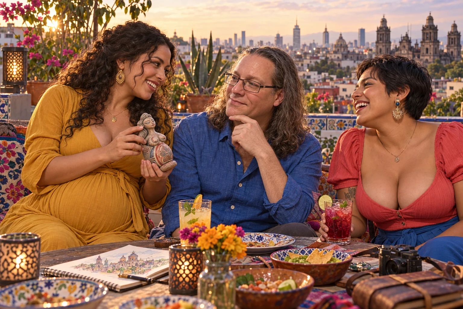 Tiggy talks closely with two adult women, one visibly pregnant, at an art-filled rooftop gathering in Mexico City.