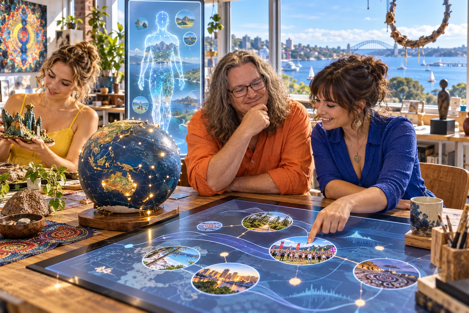 Tiggy and two adult artists explore a place-and-memory timeline beside a globe and human digital twin in a bright harbour studio.
