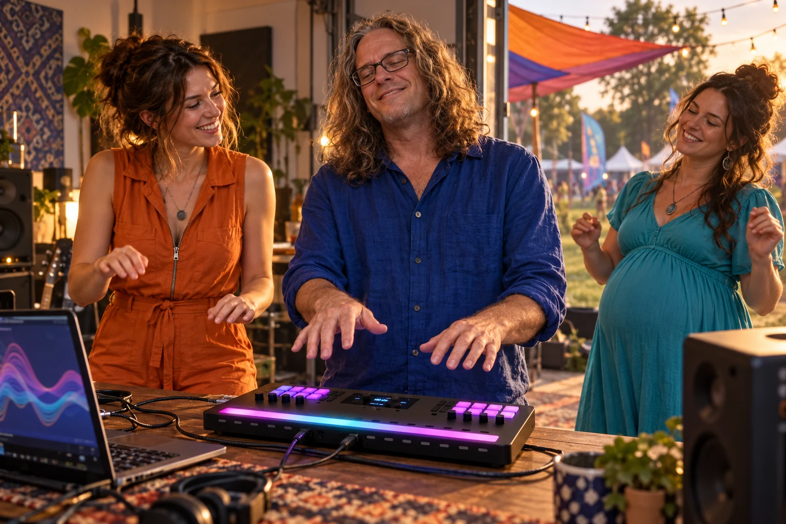 Tiggy experiments with an Audima Sway-inspired MIDI controller while two adult women, one visibly pregnant, enjoy the music in an imagined rehearsal space.