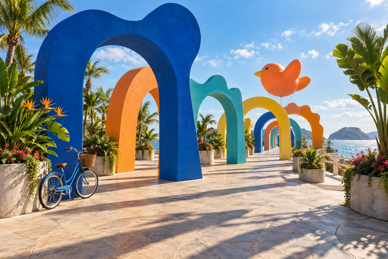Brightly coloured sculptural archways lead along a sunny seaside festival walkway towards the ocean.