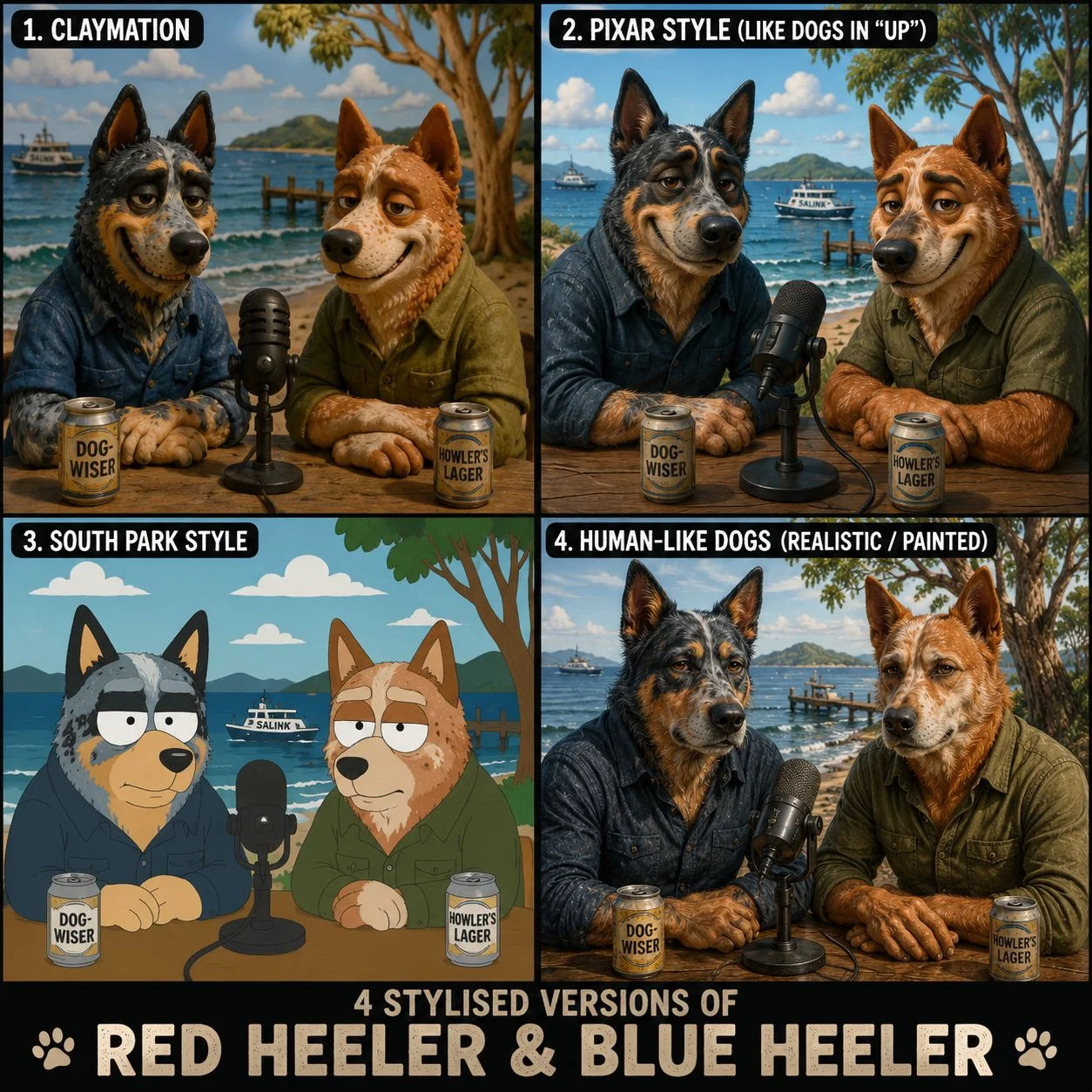 Draft style board showing four possible animated looks for Red Heeler and Blue Heeler hosts