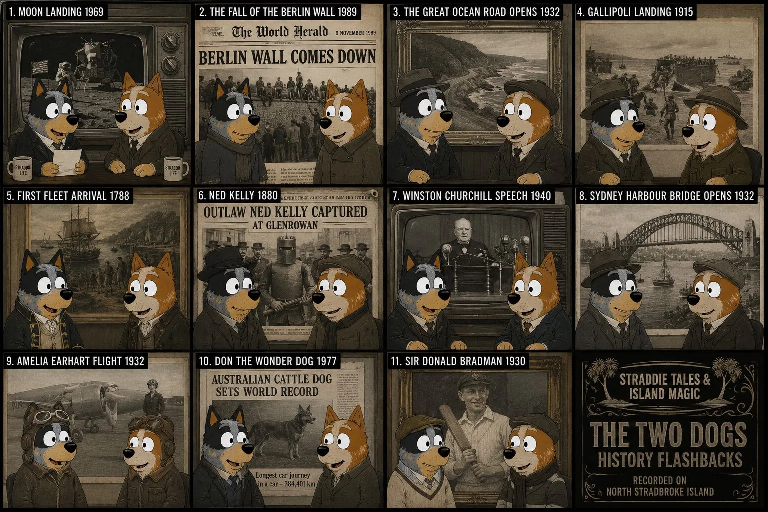 Two Dogs history flashbacks topic board with historical moments as episode and recurring scene prompts