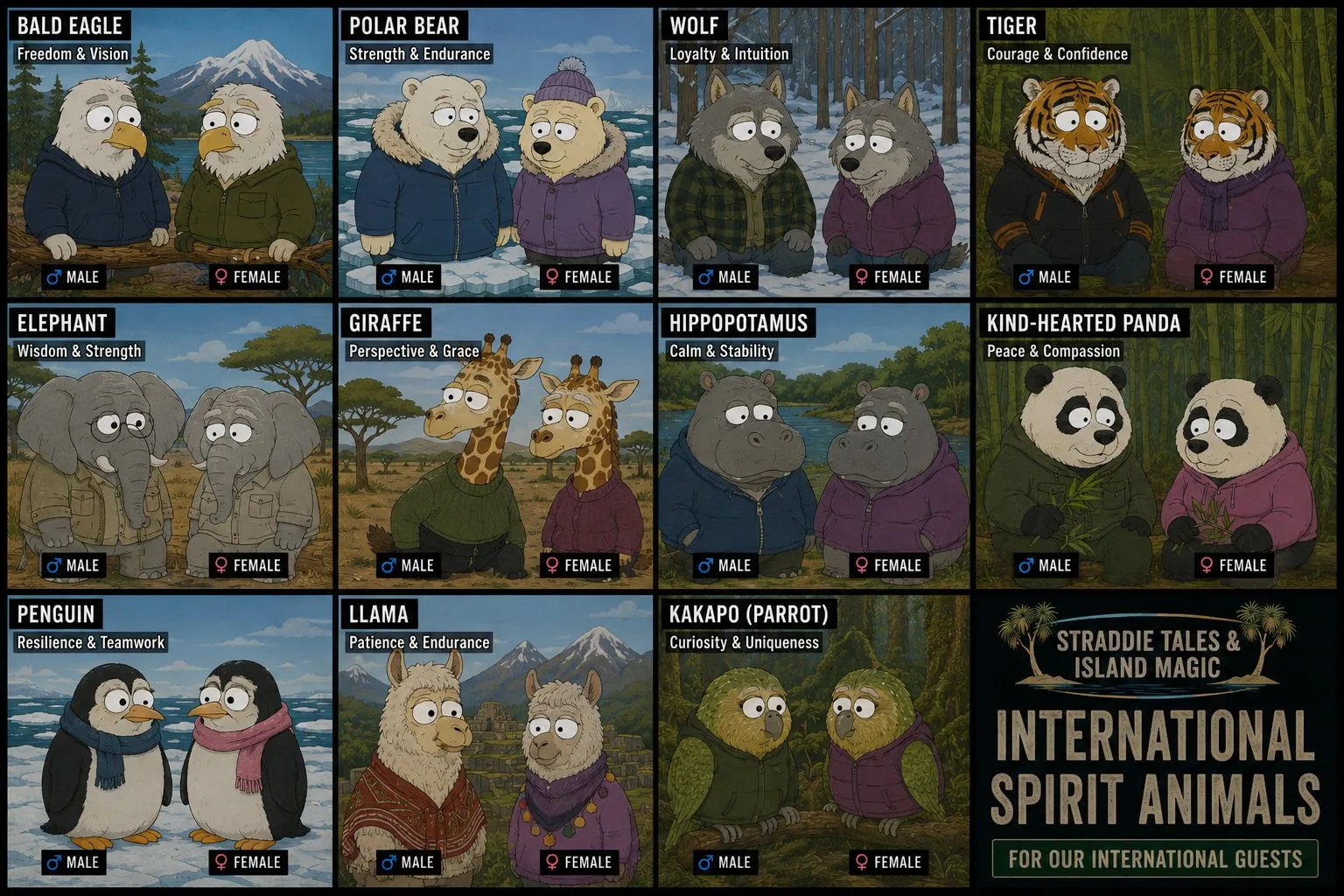 Speculative international spirit animal guide board with bald eagle, polar bear, wolf, tiger, elephant, giraffe, hippopotamus, panda, penguin, llama and kakapo options