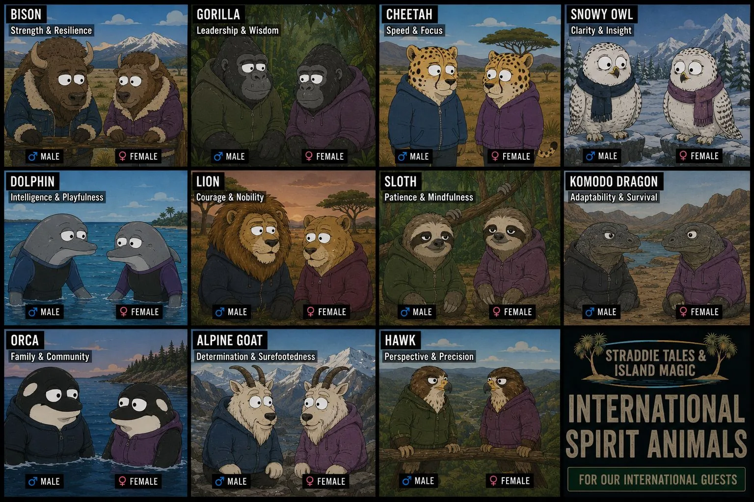 Speculative international spirit animal guide board with bison, gorilla, cheetah, snowy owl, dolphin, lion, sloth, komodo dragon, orca, alpine goat and hawk options