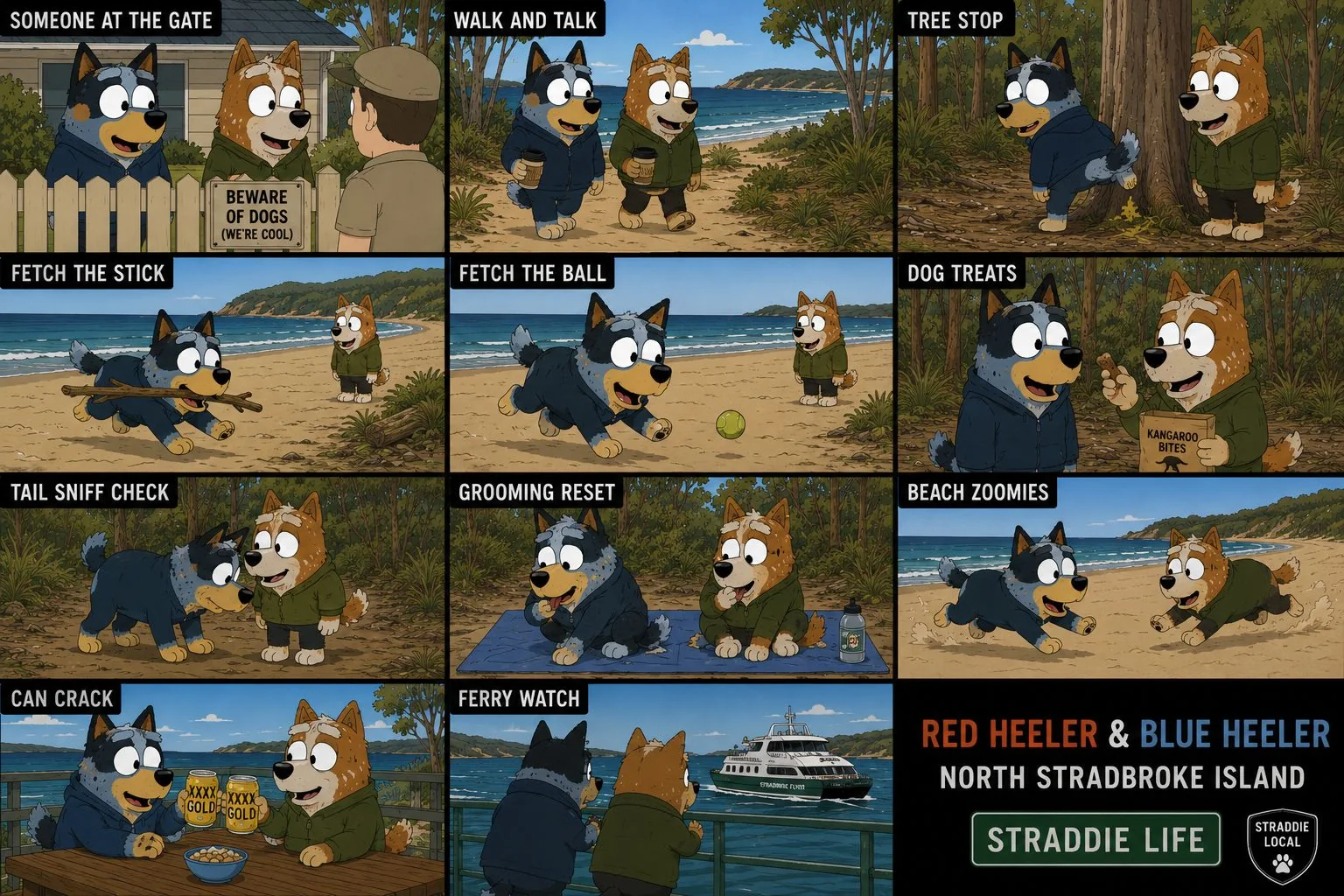 Micro scene board for Two Dogs Podcast with gate, walk, tree stop, fetch, treats, grooming, zoomies, can crack and ferry watch panels