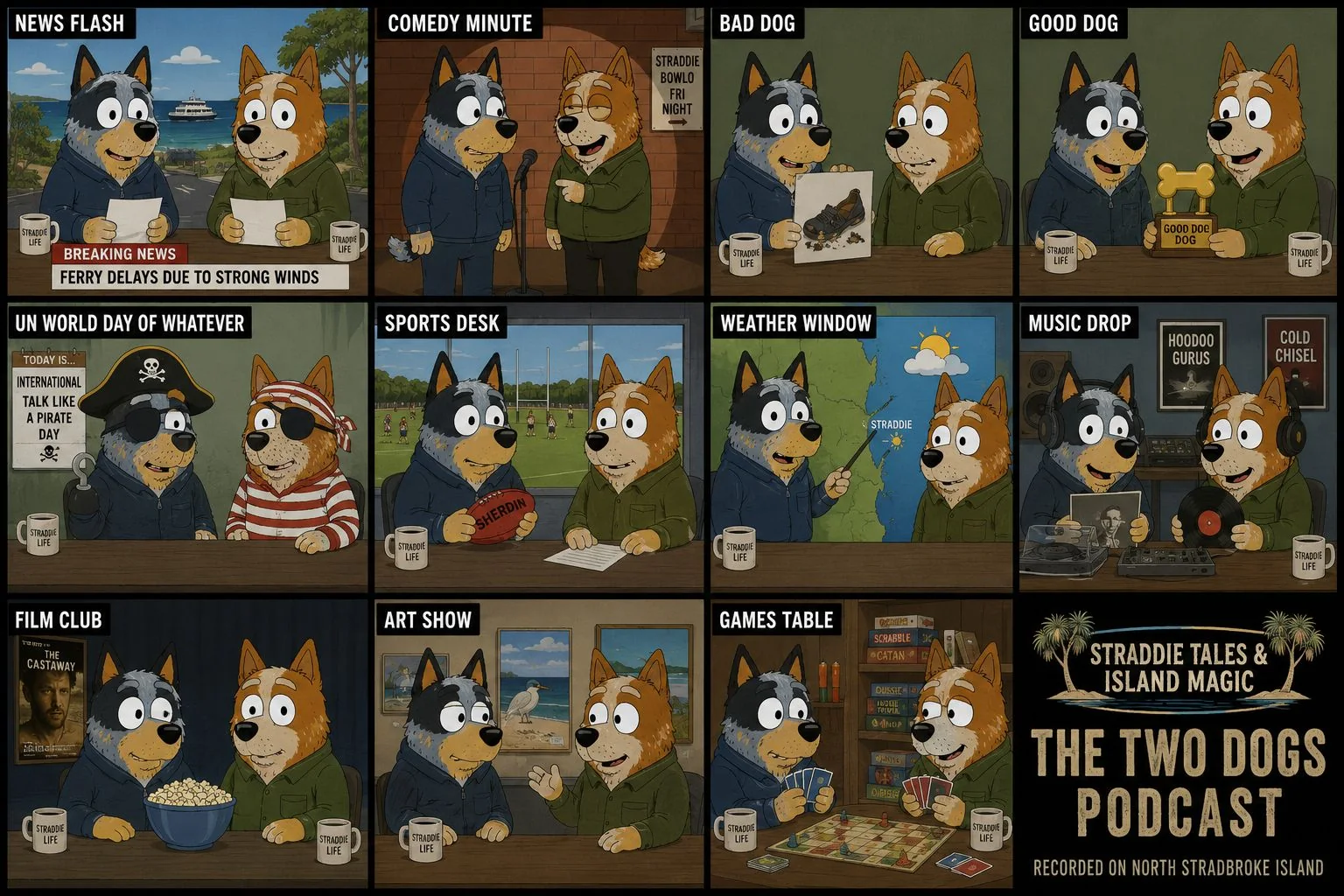 Recurring scenes board for Two Dogs Podcast with News Flash, Comedy Minute, Bad Dog, Good Dog, weather, music, film, art and games panels