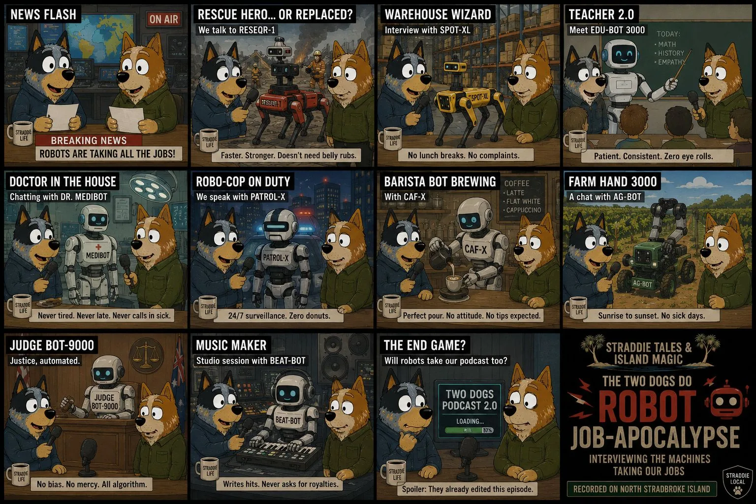 Two Dogs robot job apocalypse topic board for AI, automation, work and source-checkable future claims