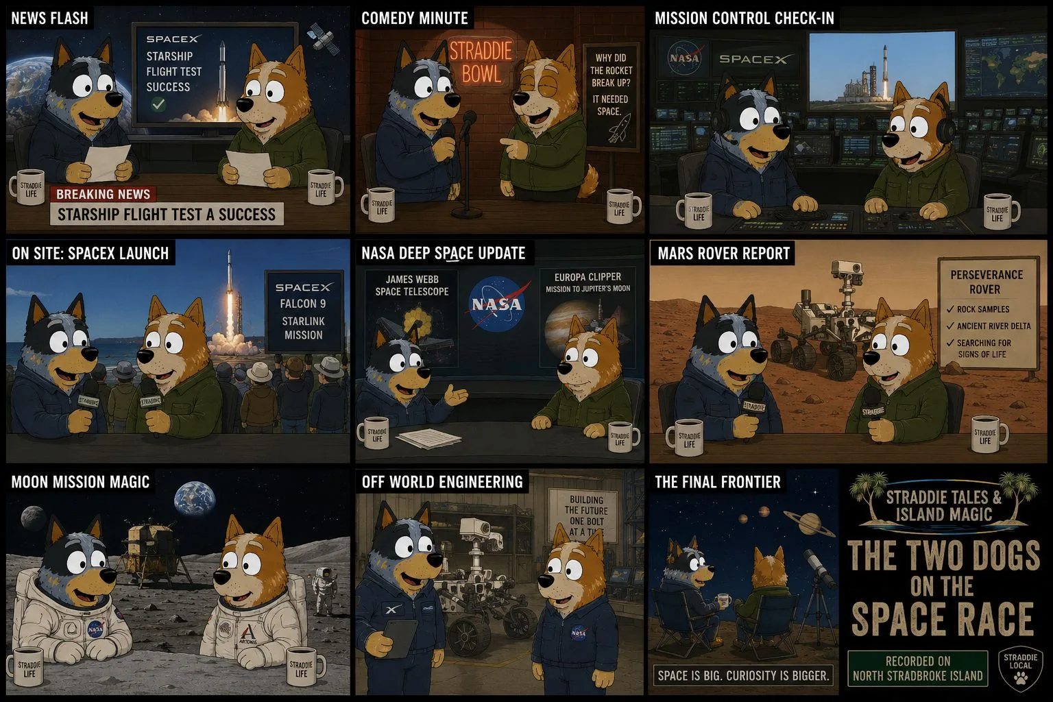 Two Dogs topic board for space race style show components, with news flash, comedy minute, mission control, launch report, rover report, moon mission, engineering and final frontier panels