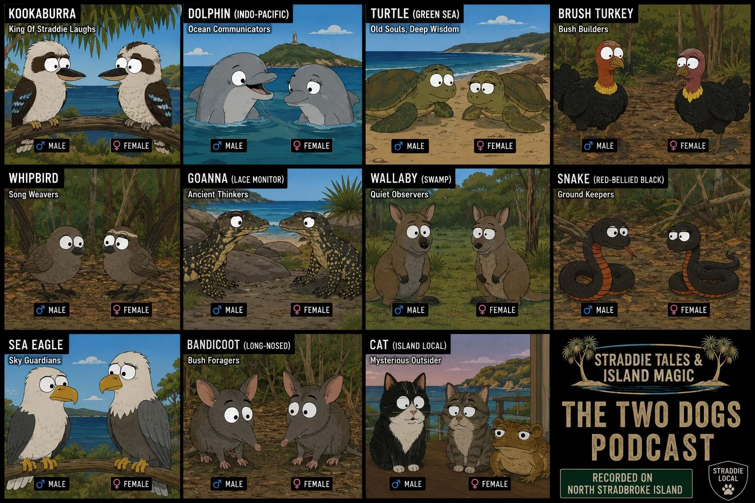 Speculative Two Dogs spirit animal guide board with kookaburra, dolphin, turtle, brush turkey, whipbird, goanna, wallaby, snake, sea eagle, bandicoot and cat options