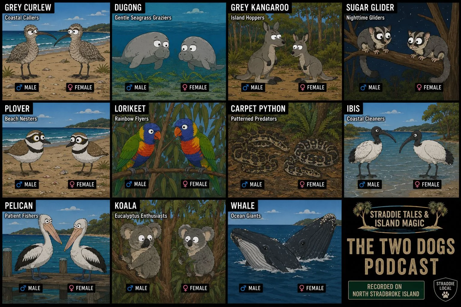 Speculative Two Dogs spirit animal guide board with grey curlew, dugong, grey kangaroo, sugar glider, plover, lorikeet, carpet python, ibis, pelican, koala and whale options